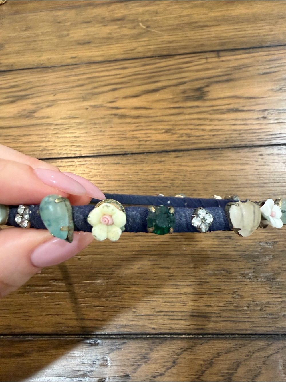 Gemstone Navy Fabric Headband with Mint Floral & Pearl Accents - Picture 3 of 8